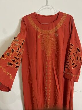 Embellished Dark Orange Maxi Dress with Cutout Sleeves